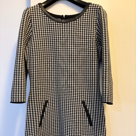 Lauren Ralph Lauren Houndstooth Sheath Dress Small Faux Leather Trim Black White - Picture 1 of 10